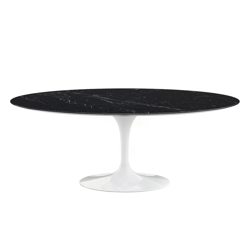 Saarinen Oval Table - Matbord, 198 x 121 cm, Vitt underrede, skiva i glansig svart Marquina marmor