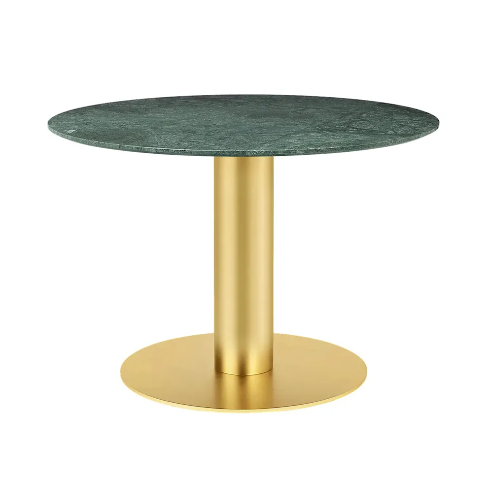 GUBI 2.0 Dining Table, Ø 110 cm, Skiva: Marmor - Verde Guatemala, Bas: Mässing