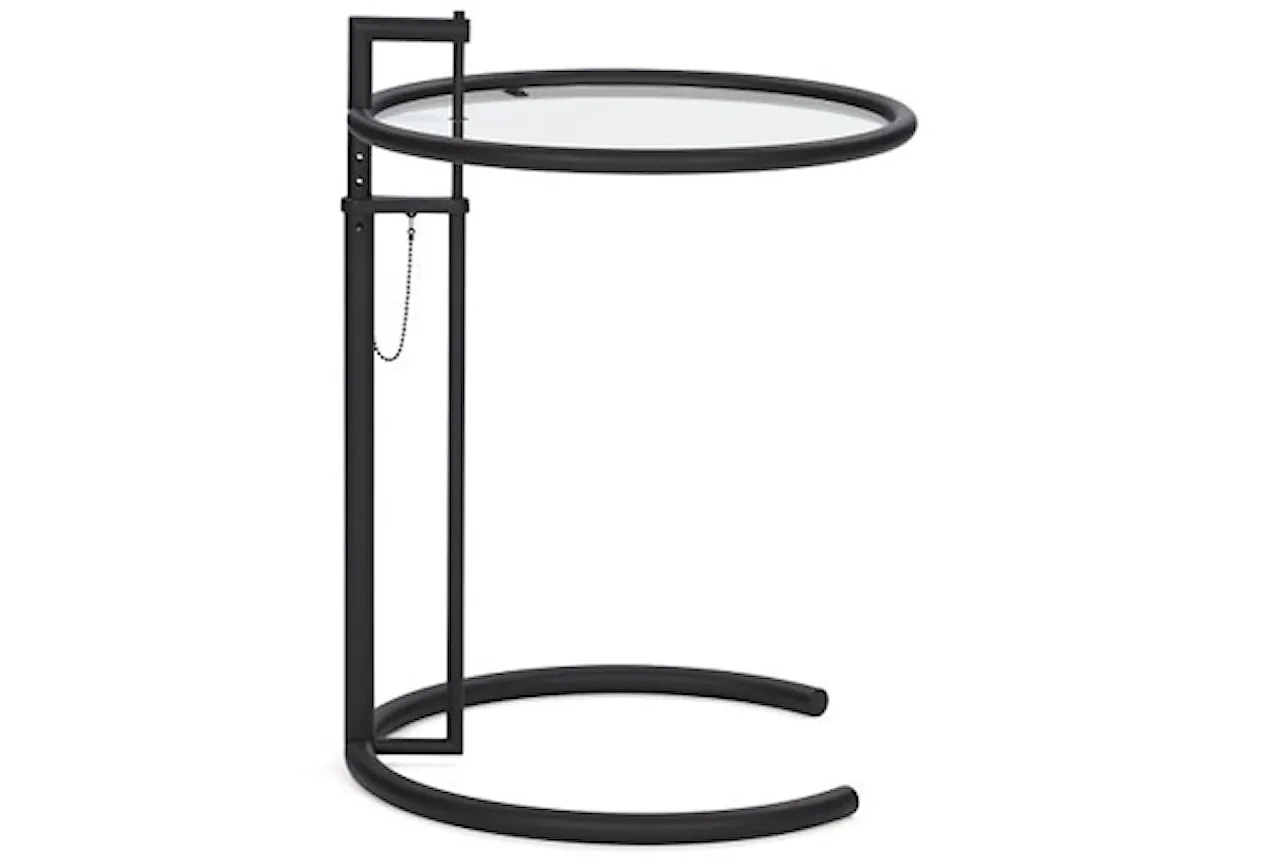 Adjustable Table E 1027, Svartlackerad stål, Klar kristallglasskiva