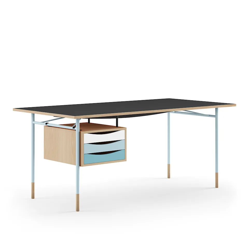 Nyhavn Desk, 190 cm, with Tray Unit, Oak, Light Blue Steel, Cold