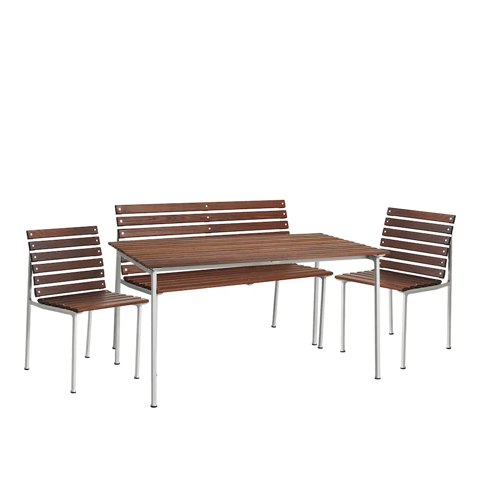 Traverse utegrupp matbord 140 cm, 2 utomhusstolar & trädgårdsbänk