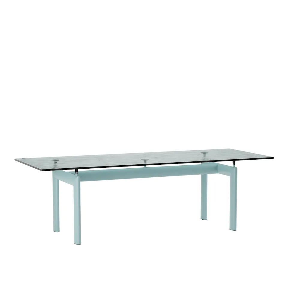 LC6 bord, Light Blue Enamel Steel Base, Textured Glass, 225 X 85 cm