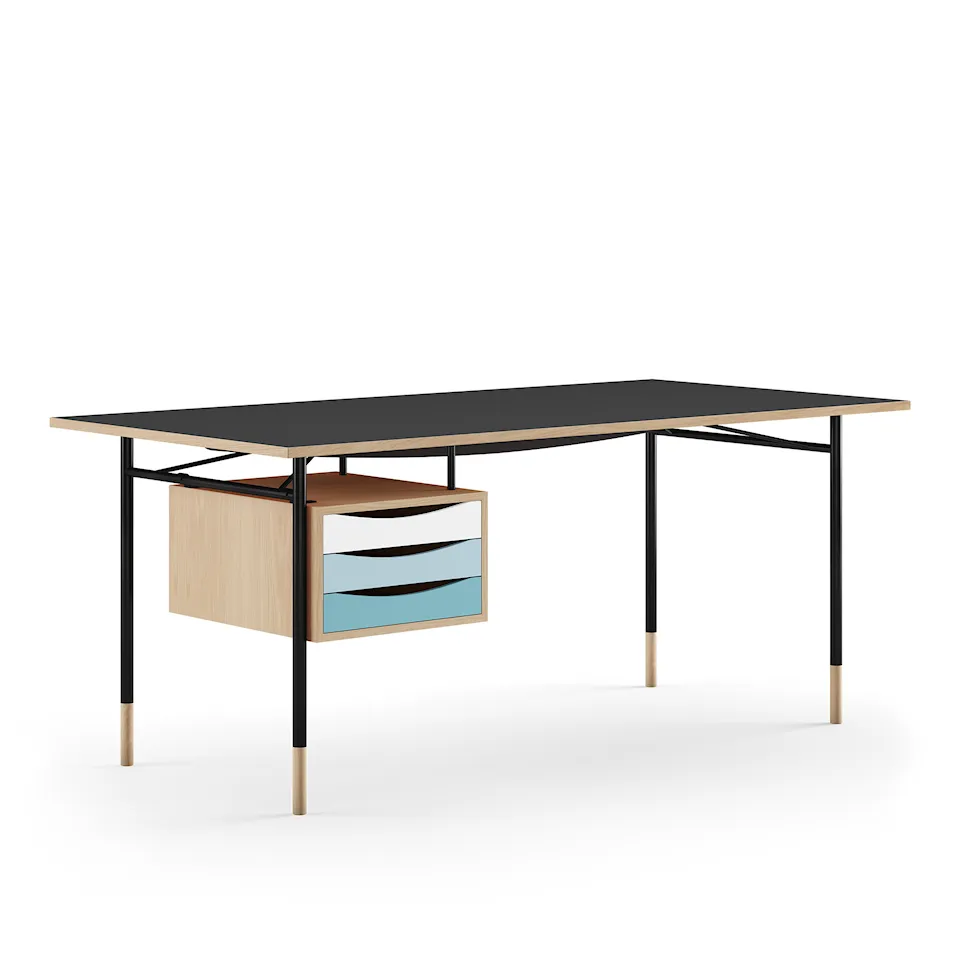 Nyhavn Desk, 190 cm, with Tray Unit, Oak, Black Steel, Cold