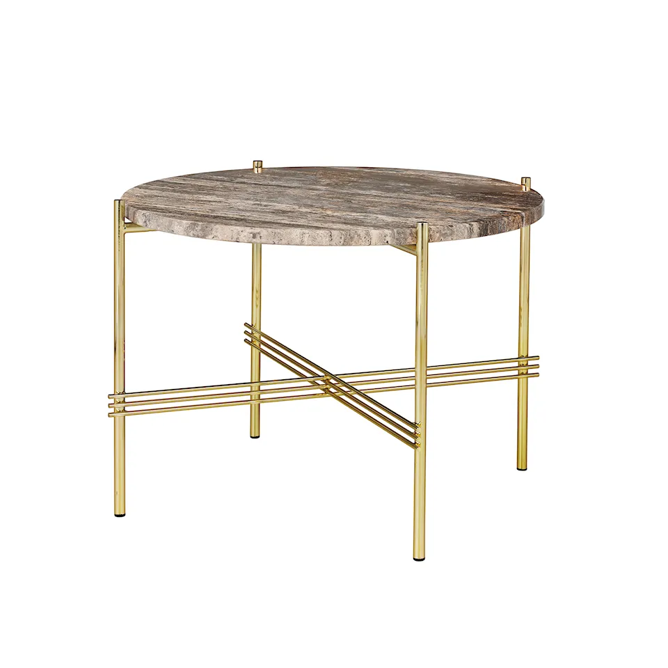 TS Travertine Coffee Table Ø 55, Base Brass, Top Grey Travertine