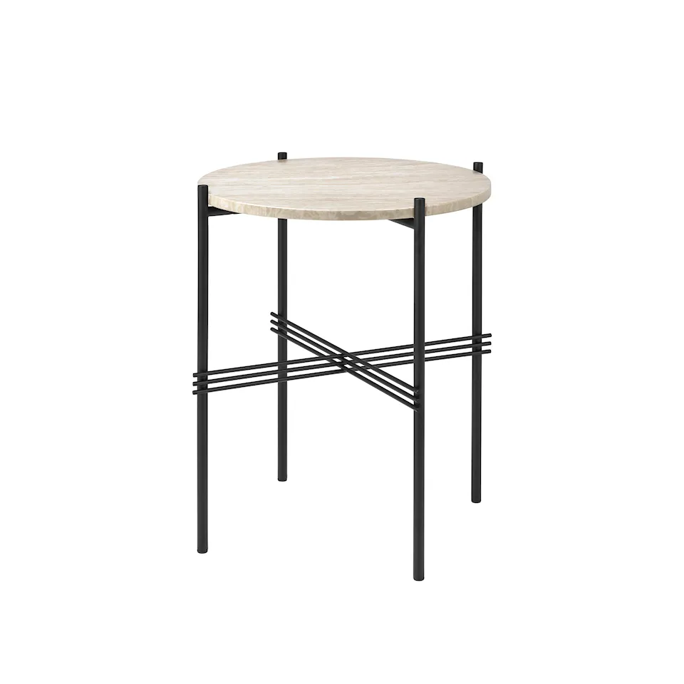 TS Outdoor Side Table - Round, Ø40 Classic Black Base, Table Top Neutral White Travertine Outdoor