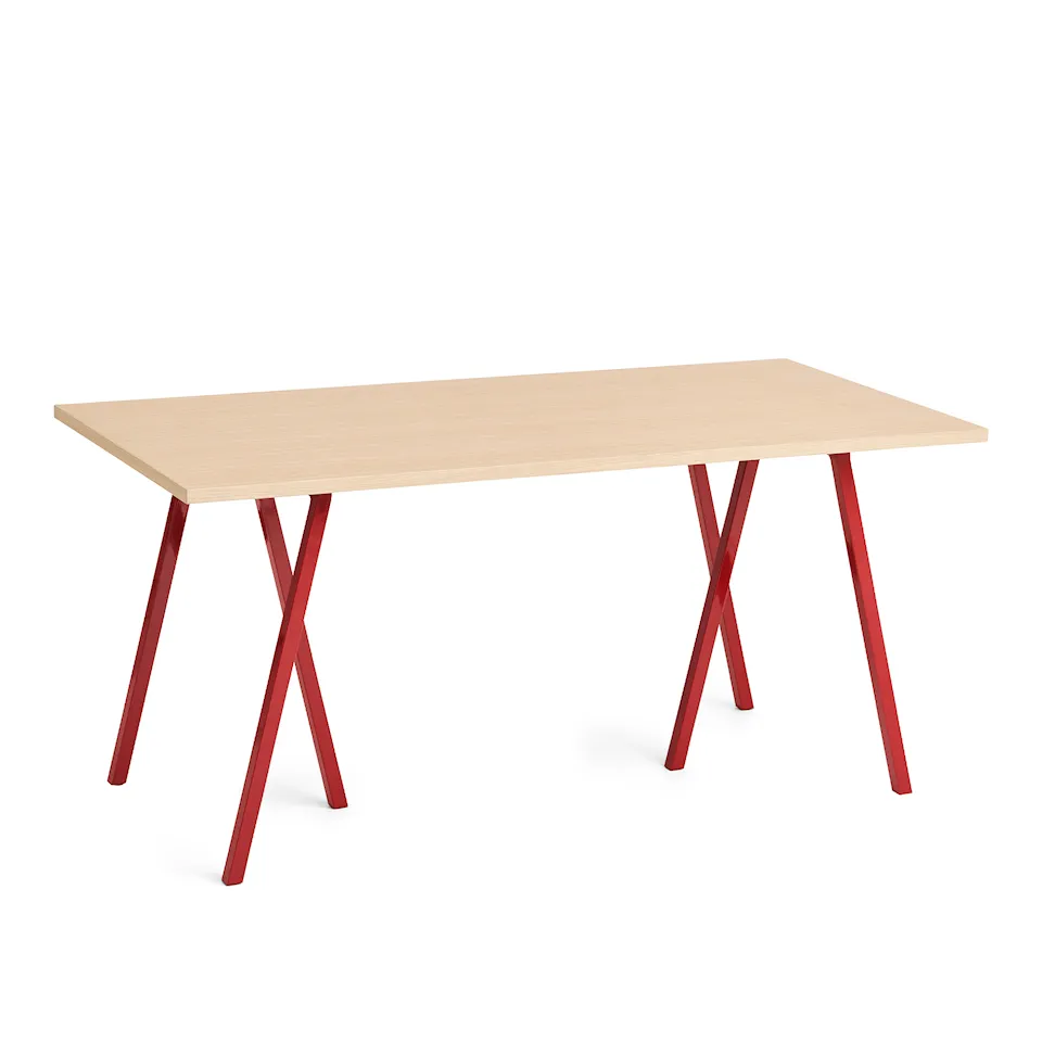 Loop Stand Table Maroon red powder coated steel frame L160 x W77,5 x H74 Clear lacquered oak tabletop Water-based lacquered oak edge